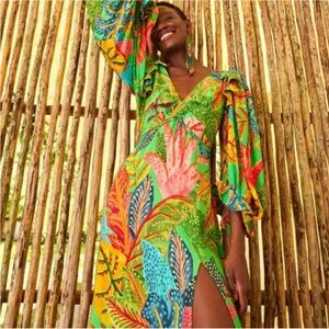 FARM RIO Green Tropical Print Long Sleeve Dress